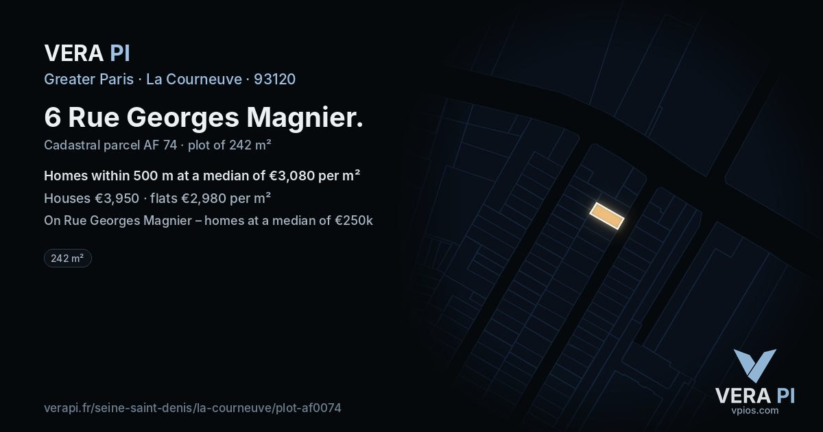 6 Rue Georges Magnier, La Courneuve at night – the plot lit, the parcels around coloured by the prices near them