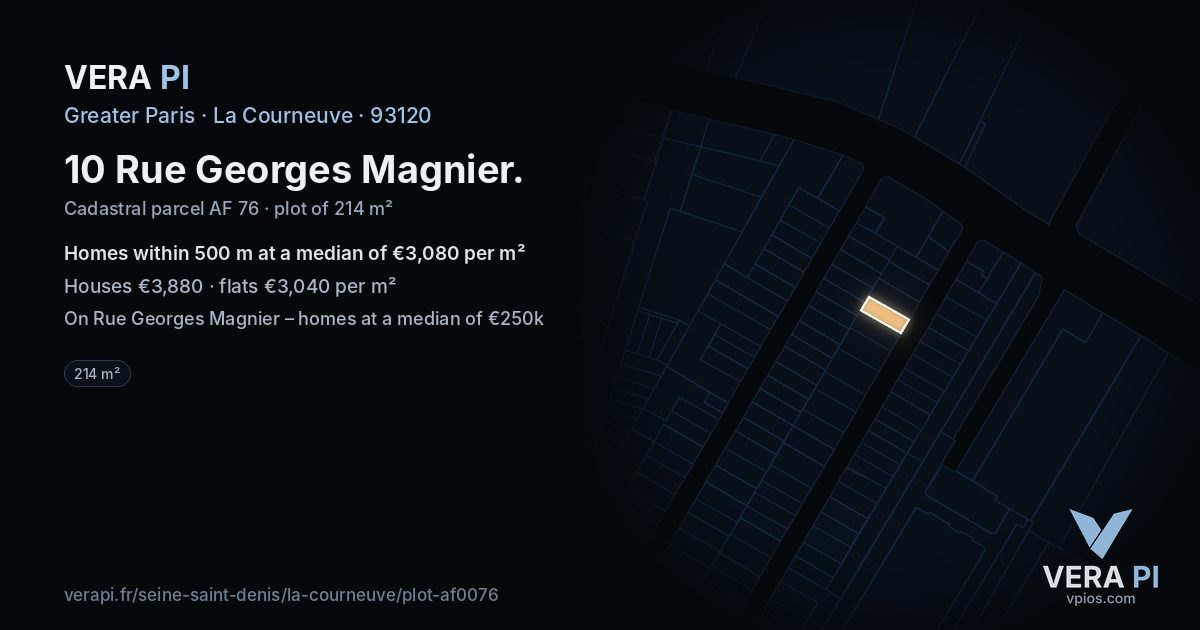 10 Rue Georges Magnier, La Courneuve at night – the plot lit, the parcels around coloured by the prices near them