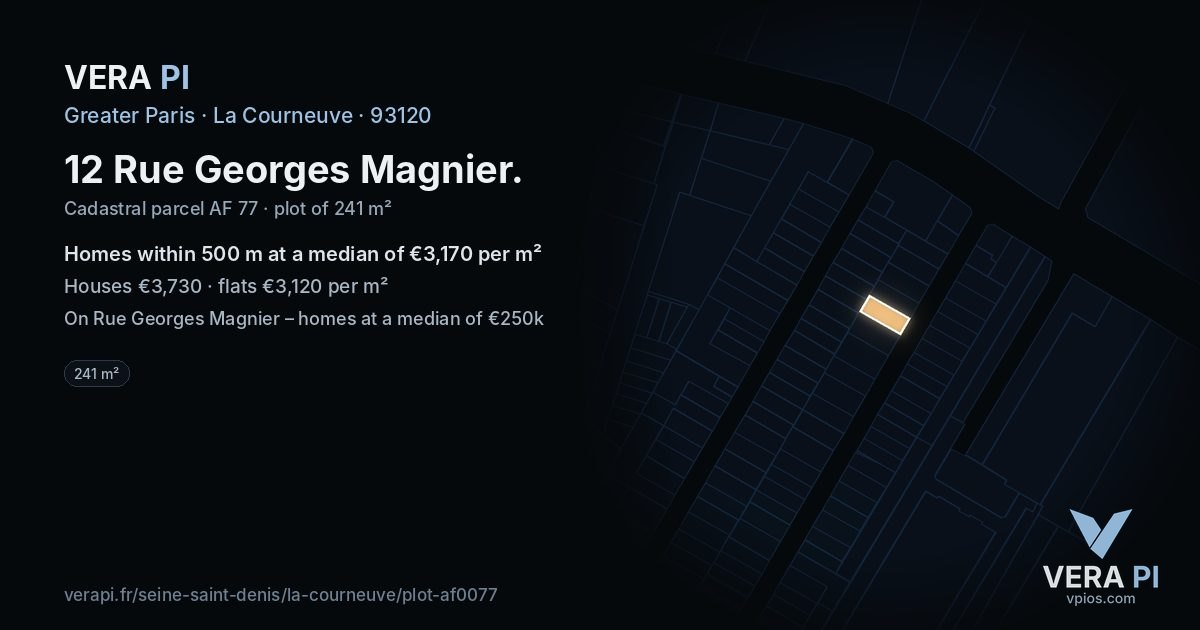 12 Rue Georges Magnier, La Courneuve at night – the plot lit, the parcels around coloured by the prices near them