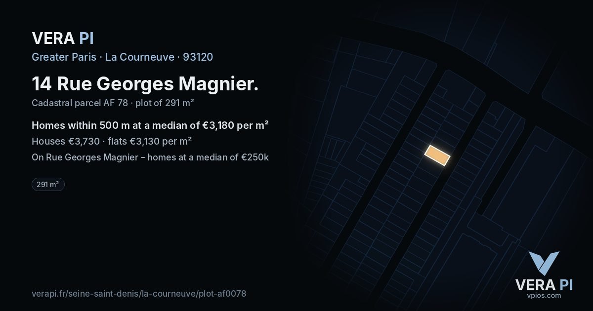 14 Rue Georges Magnier, La Courneuve at night – the plot lit, the parcels around coloured by the prices near them