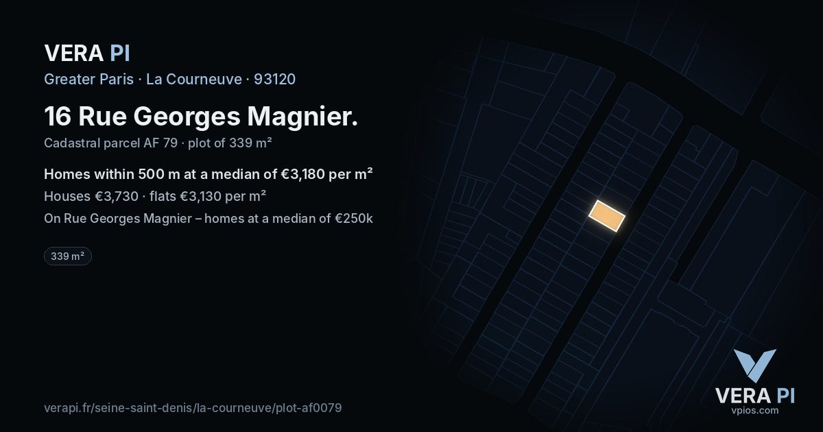 16 Rue Georges Magnier, La Courneuve at night – the plot lit, the parcels around coloured by the prices near them