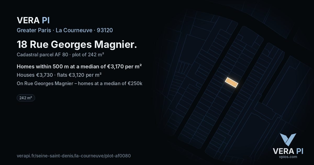 18 Rue Georges Magnier, La Courneuve at night – the plot lit, the parcels around coloured by the prices near them