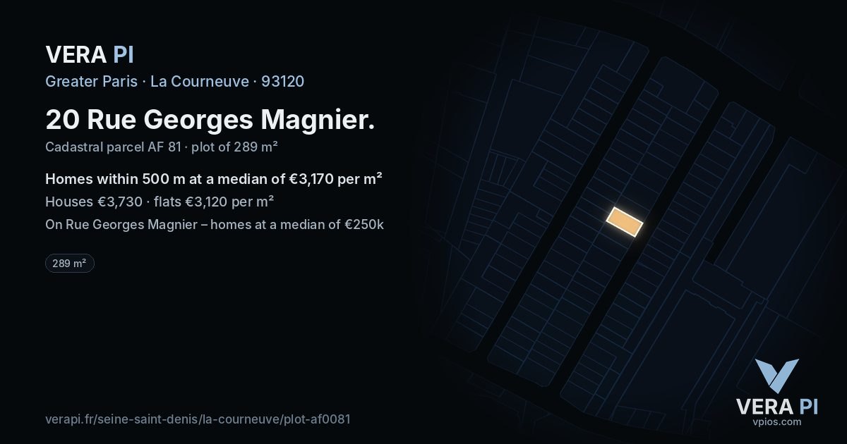 20 Rue Georges Magnier, La Courneuve at night – the plot lit, the parcels around coloured by the prices near them