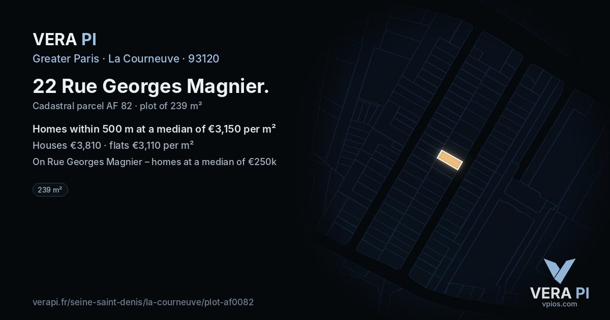22 Rue Georges Magnier, La Courneuve at night – the plot lit, the parcels around coloured by the prices near them