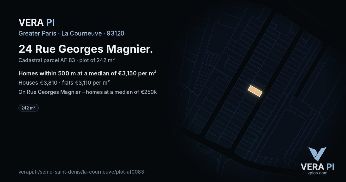 24 Rue Georges Magnier, La Courneuve at night – the plot lit, the parcels around coloured by the prices near them
