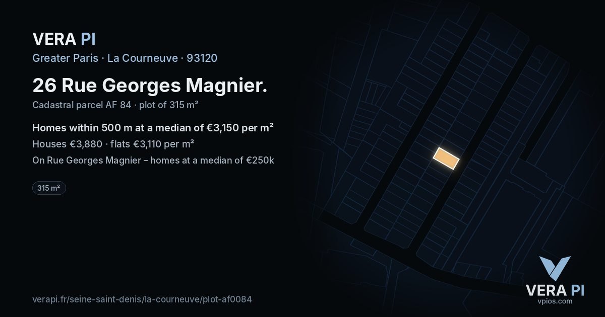 26 Rue Georges Magnier, La Courneuve at night – the plot lit, the parcels around coloured by the prices near them