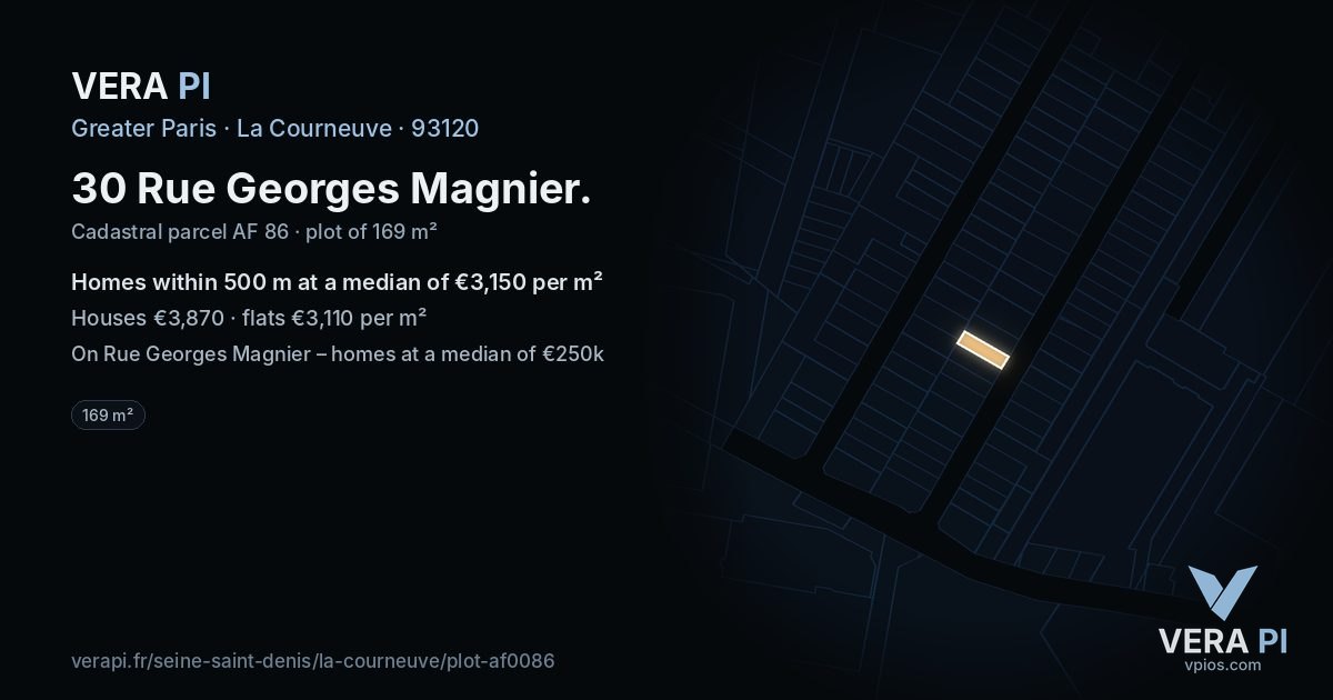 30 Rue Georges Magnier, La Courneuve at night – the plot lit, the parcels around coloured by the prices near them