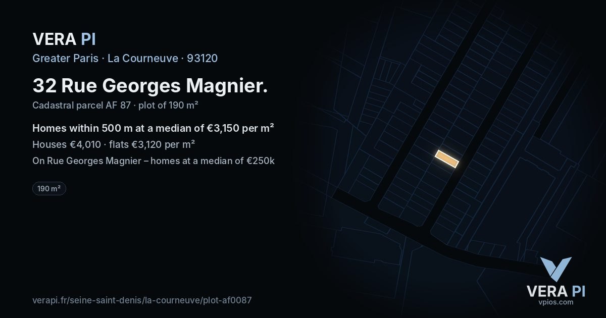 32 Rue Georges Magnier, La Courneuve at night – the plot lit, the parcels around coloured by the prices near them