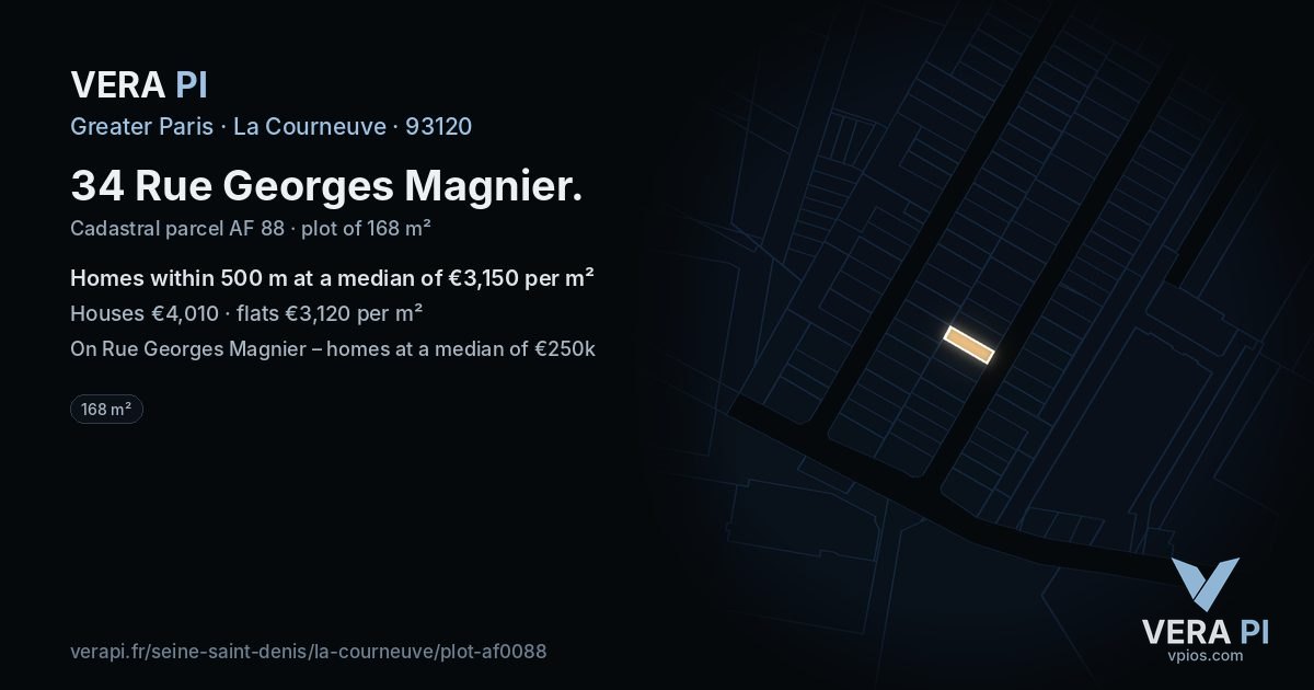 34 Rue Georges Magnier, La Courneuve at night – the plot lit, the parcels around coloured by the prices near them