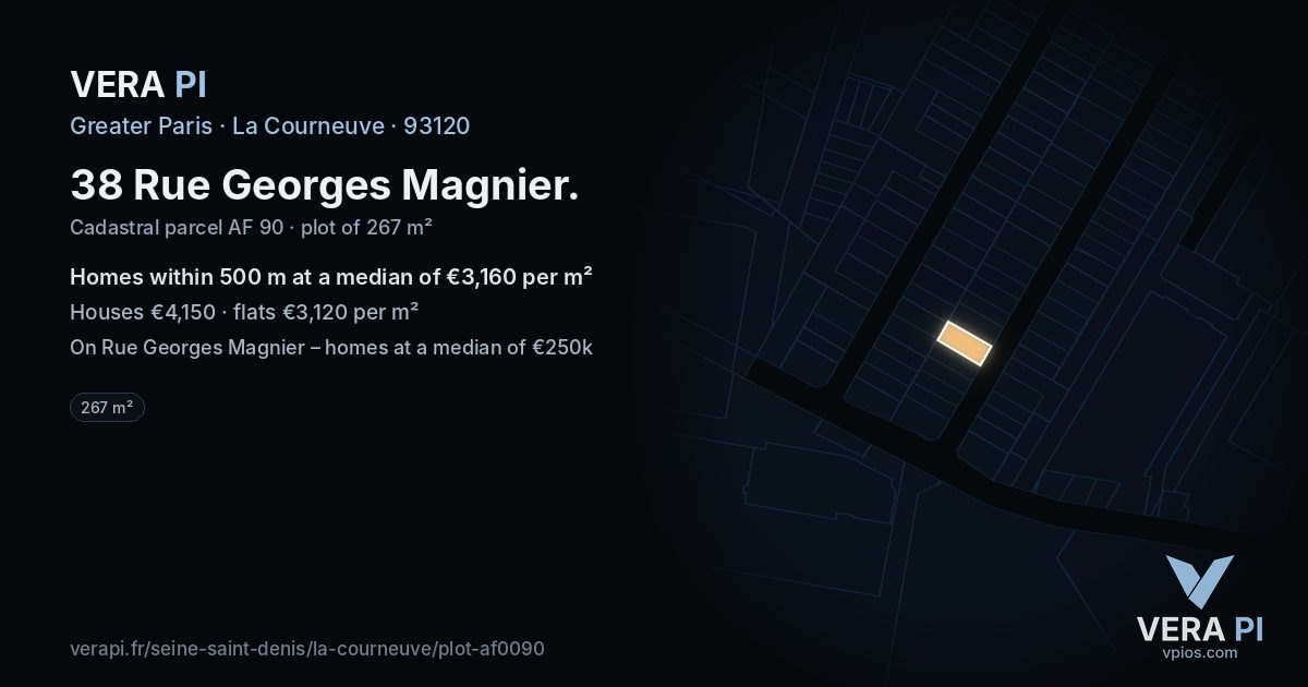 38 Rue Georges Magnier, La Courneuve at night – the plot lit, the parcels around coloured by the prices near them