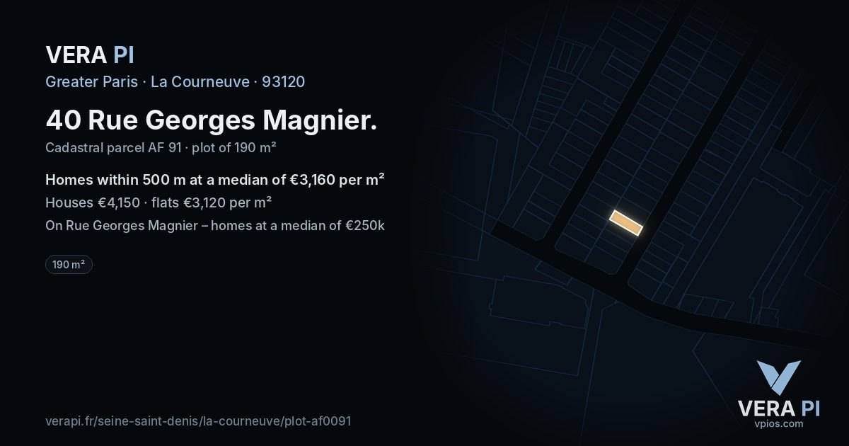 40 Rue Georges Magnier, La Courneuve at night – the plot lit, the parcels around coloured by the prices near them
