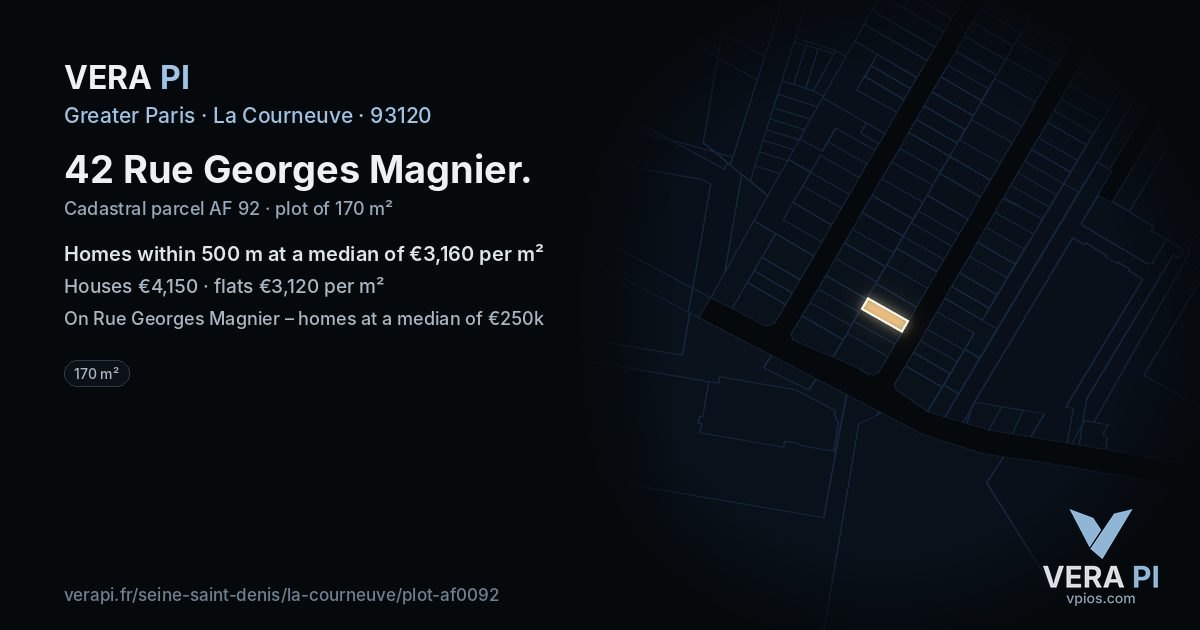 42 Rue Georges Magnier, La Courneuve at night – the plot lit, the parcels around coloured by the prices near them