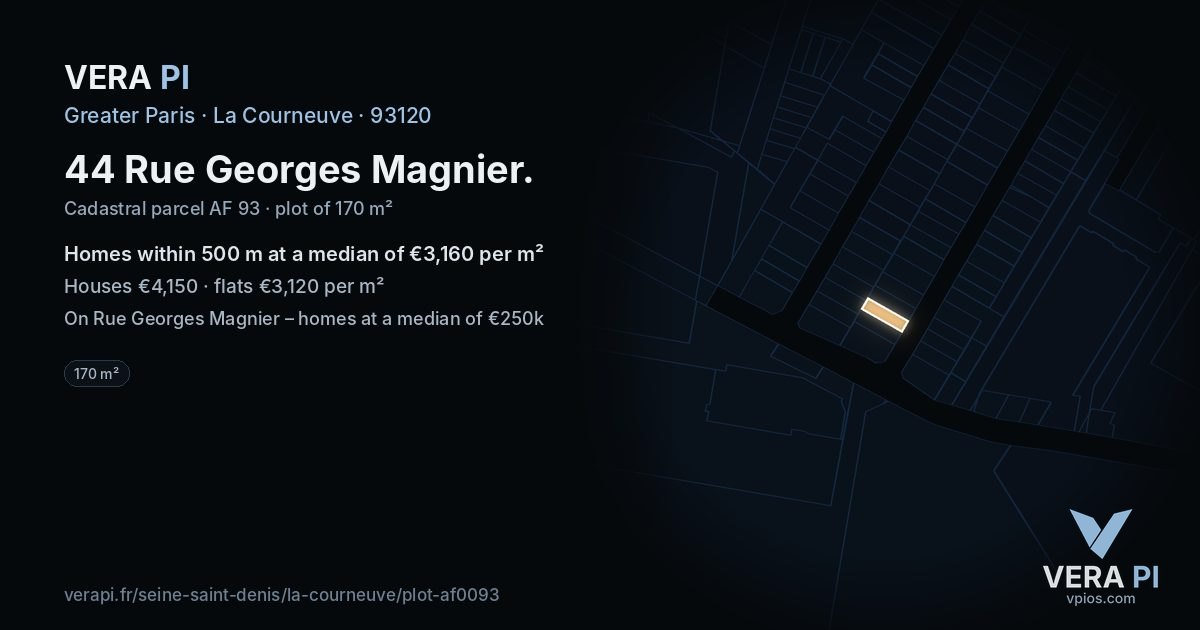 44 Rue Georges Magnier, La Courneuve at night – the plot lit, the parcels around coloured by the prices near them