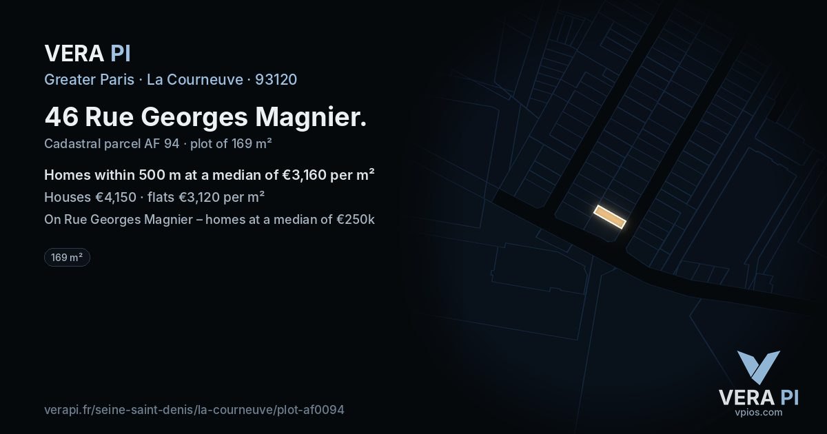46 Rue Georges Magnier, La Courneuve at night – the plot lit, the parcels around coloured by the prices near them