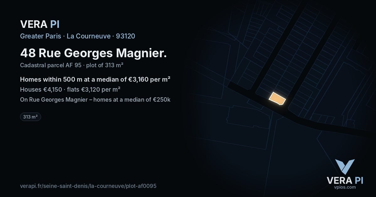 48 Rue Georges Magnier, La Courneuve at night – the plot lit, the parcels around coloured by the prices near them