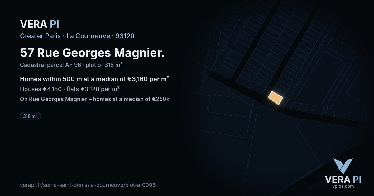 57 Rue Georges Magnier, La Courneuve at night – the plot lit, the parcels around coloured by the prices near them