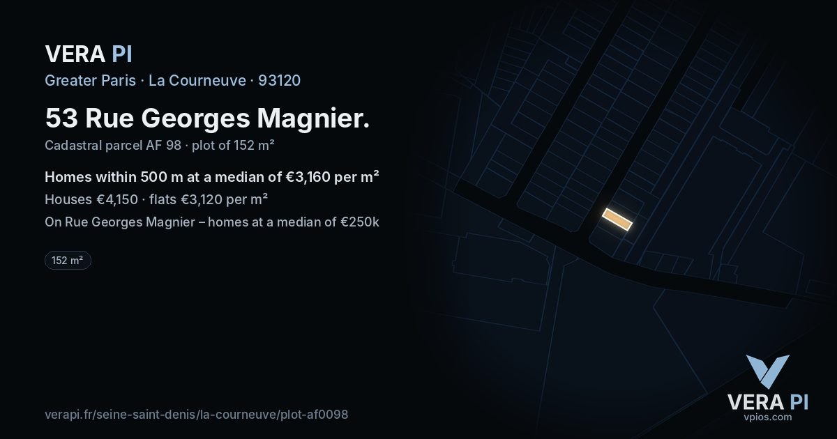 53 Rue Georges Magnier, La Courneuve at night – the plot lit, the parcels around coloured by the prices near them