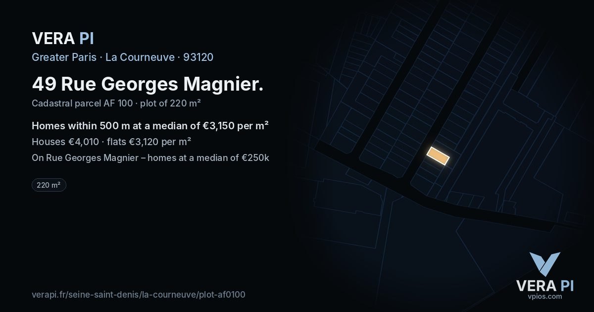 49 Rue Georges Magnier, La Courneuve at night – the plot lit, the parcels around coloured by the prices near them