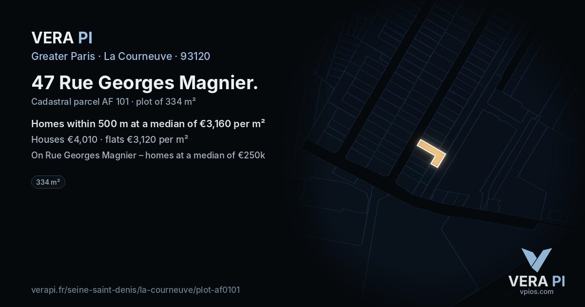 47 Rue Georges Magnier, La Courneuve at night – the plot lit, the parcels around coloured by the prices near them