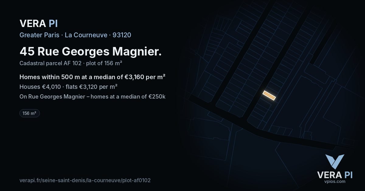 45 Rue Georges Magnier, La Courneuve at night – the plot lit, the parcels around coloured by the prices near them