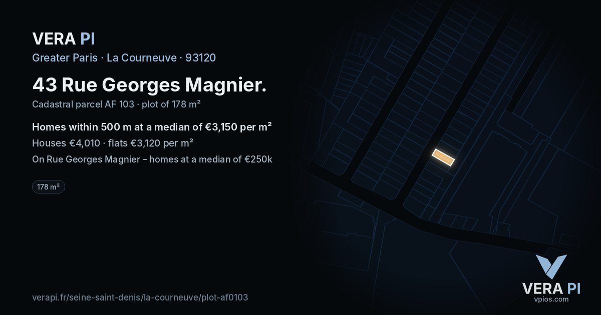 43 Rue Georges Magnier, La Courneuve at night – the plot lit, the parcels around coloured by the prices near them