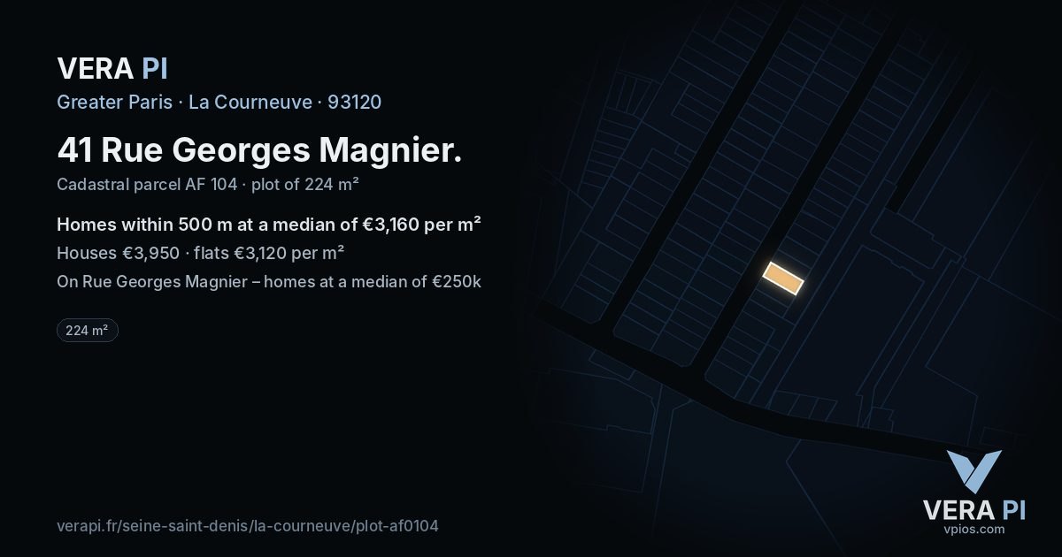 41 Rue Georges Magnier, La Courneuve at night – the plot lit, the parcels around coloured by the prices near them