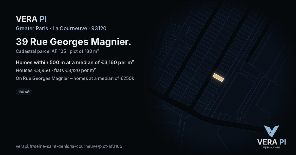 39 Rue Georges Magnier, La Courneuve at night – the plot lit, the parcels around coloured by the prices near them