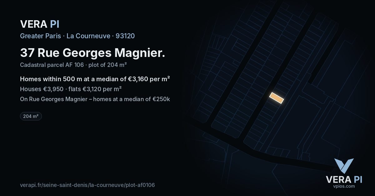 37 Rue Georges Magnier, La Courneuve at night – the plot lit, the parcels around coloured by the prices near them