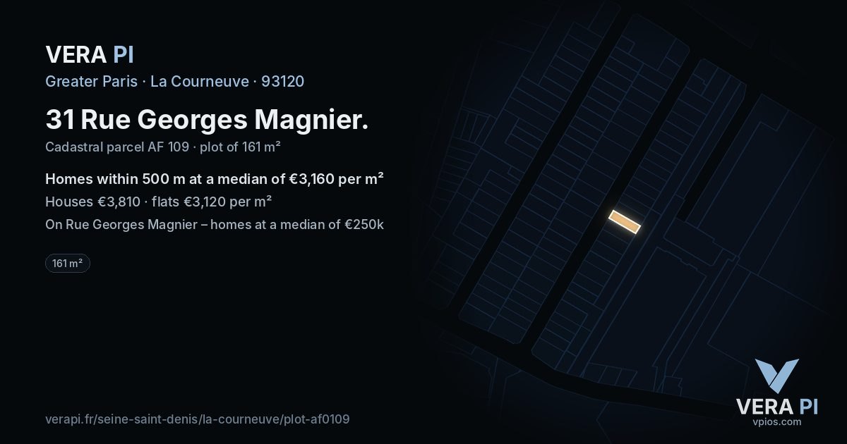 31 Rue Georges Magnier, La Courneuve at night – the plot lit, the parcels around coloured by the prices near them