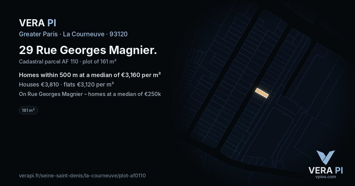 29 Rue Georges Magnier, La Courneuve at night – the plot lit, the parcels around coloured by the prices near them