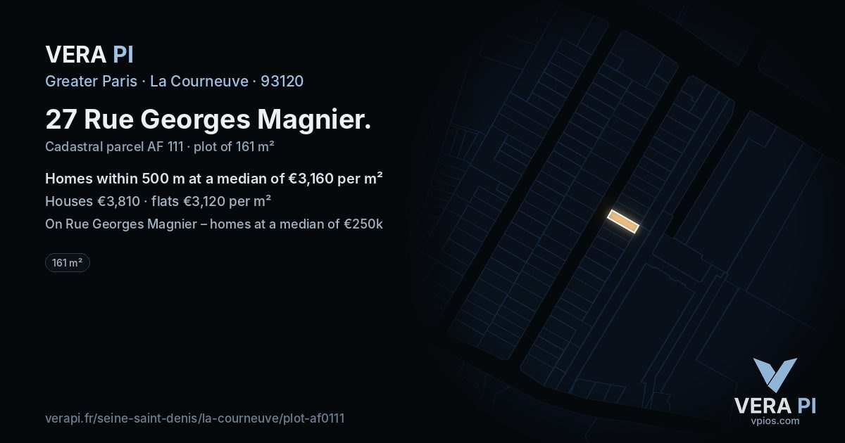 27 Rue Georges Magnier, La Courneuve at night – the plot lit, the parcels around coloured by the prices near them