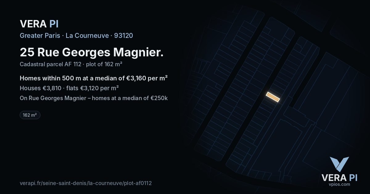 25 Rue Georges Magnier, La Courneuve at night – the plot lit, the parcels around coloured by the prices near them
