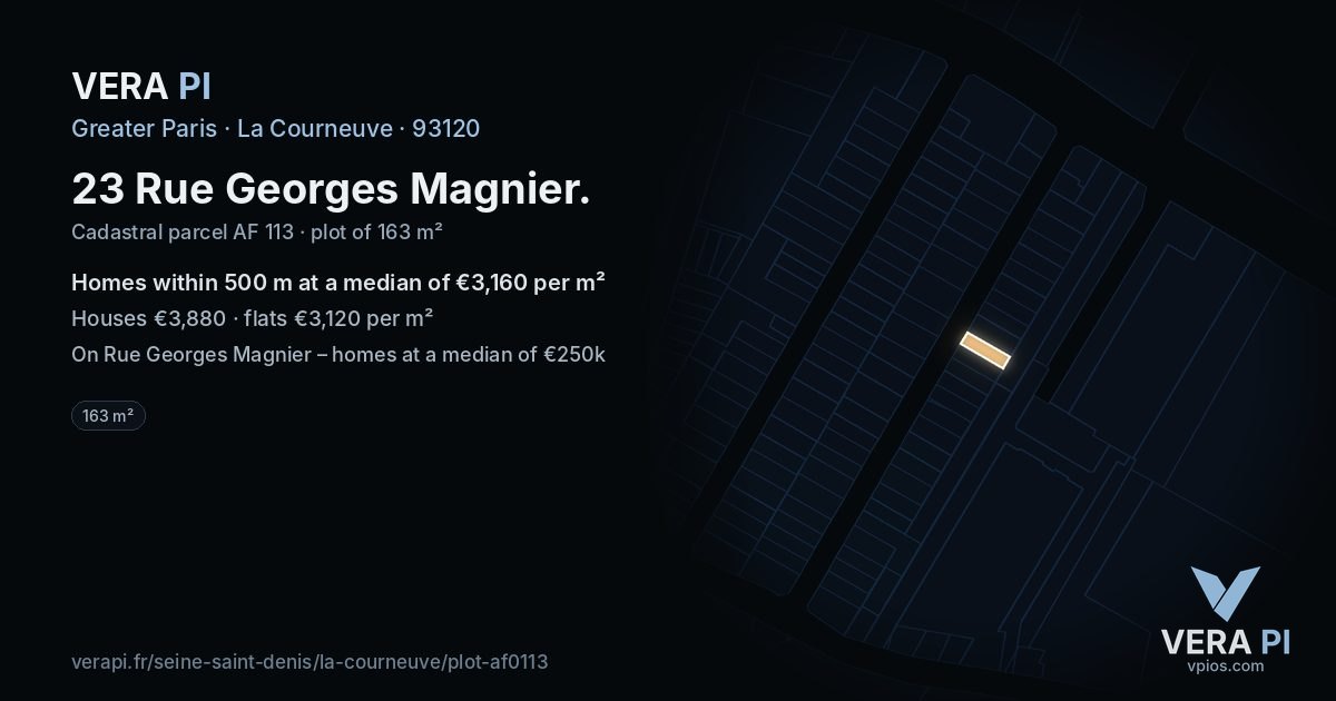 23 Rue Georges Magnier, La Courneuve at night – the plot lit, the parcels around coloured by the prices near them