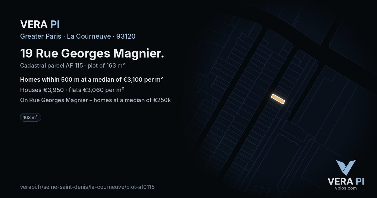 19 Rue Georges Magnier, La Courneuve at night – the plot lit, the parcels around coloured by the prices near them