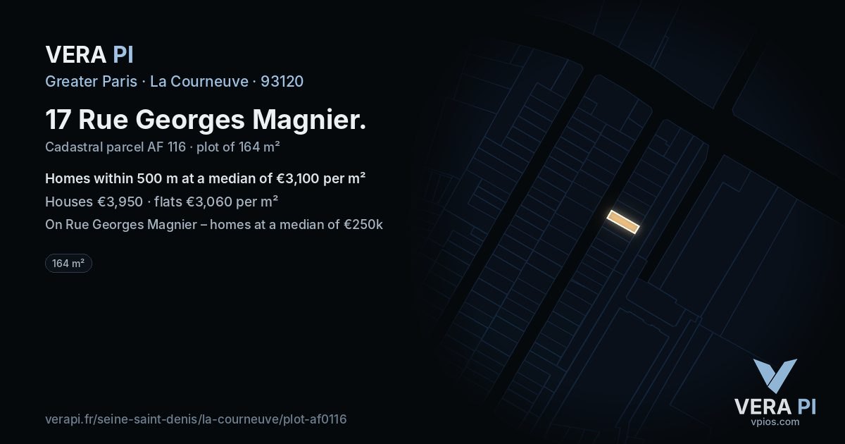17 Rue Georges Magnier, La Courneuve at night – the plot lit, the parcels around coloured by the prices near them