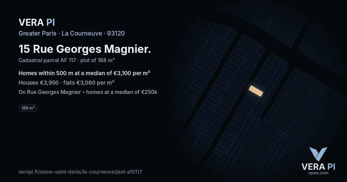 15 Rue Georges Magnier, La Courneuve at night – the plot lit, the parcels around coloured by the prices near them