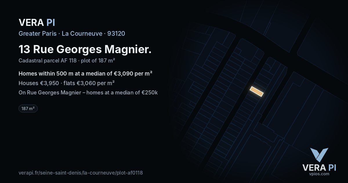 13 Rue Georges Magnier, La Courneuve at night – the plot lit, the parcels around coloured by the prices near them