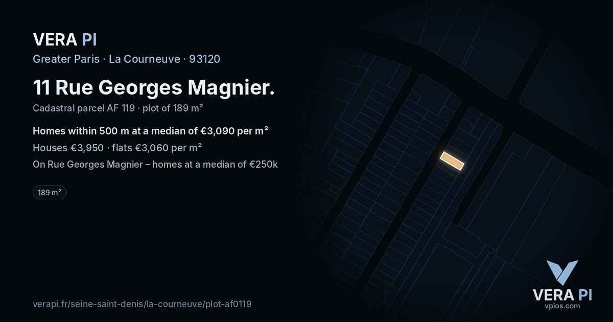 11 Rue Georges Magnier, La Courneuve at night – the plot lit, the parcels around coloured by the prices near them