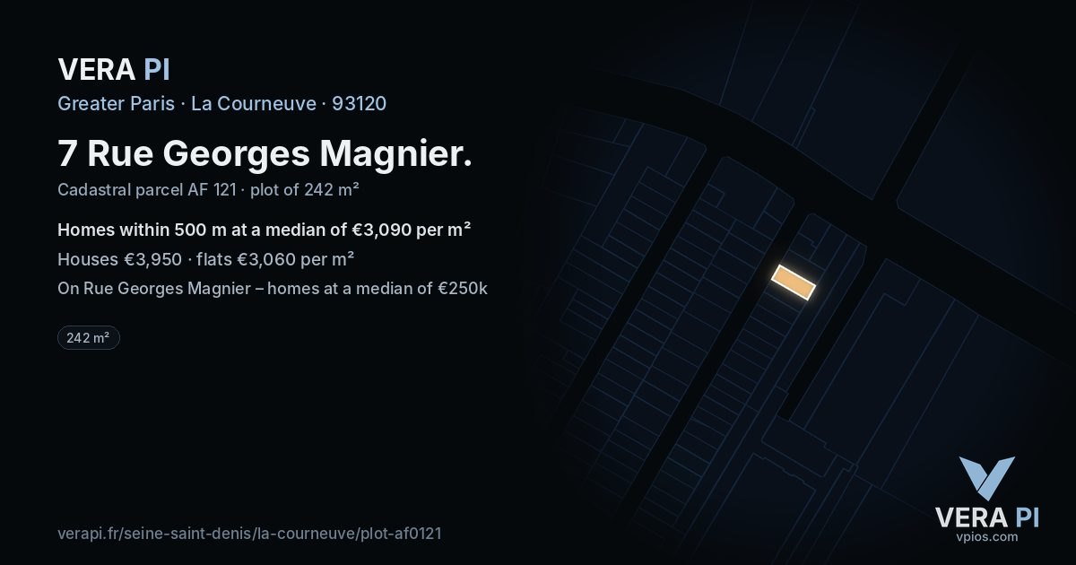 7 Rue Georges Magnier, La Courneuve at night – the plot lit, the parcels around coloured by the prices near them