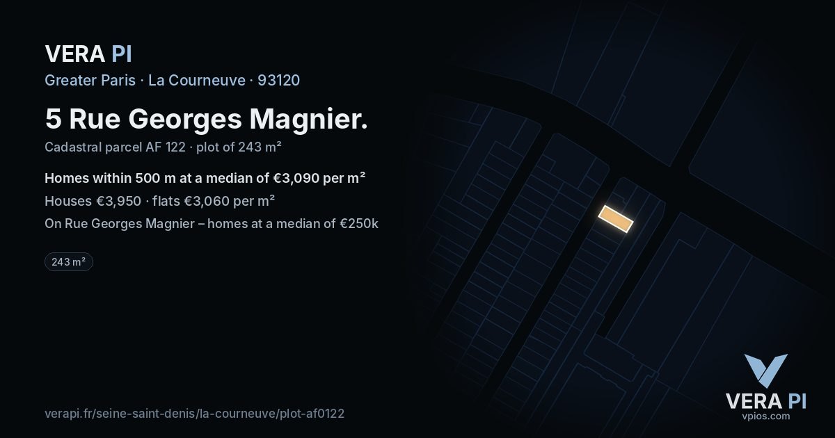 5 Rue Georges Magnier, La Courneuve at night – the plot lit, the parcels around coloured by the prices near them