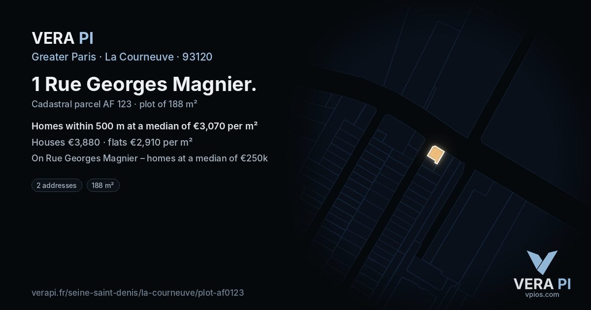 1 Rue Georges Magnier, La Courneuve at night – the plot lit, the parcels around coloured by the prices near them