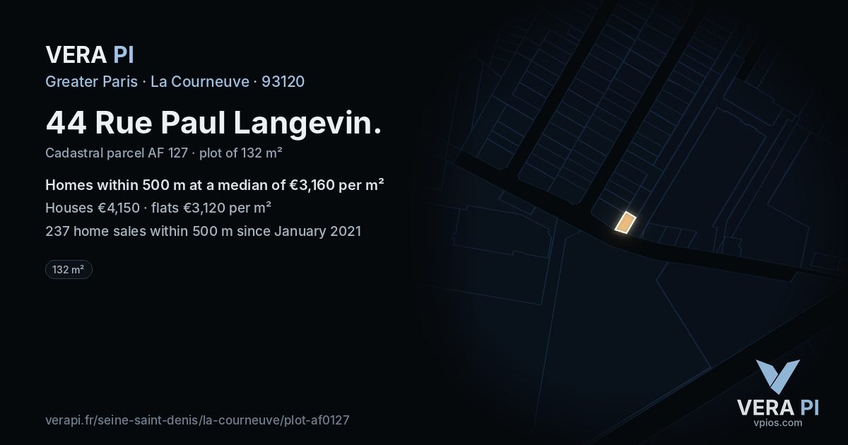 44 Rue Paul Langevin, La Courneuve at night – the plot lit, the parcels around coloured by the prices near them