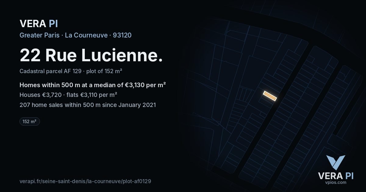 22 Rue Lucienne, La Courneuve at night – the plot lit, the parcels around coloured by the prices near them