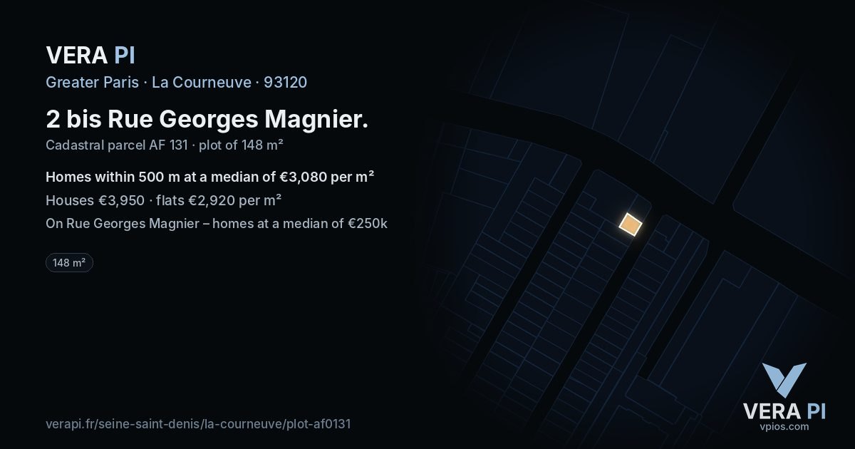 2 bis Rue Georges Magnier, La Courneuve at night – the plot lit, the parcels around coloured by the prices near them