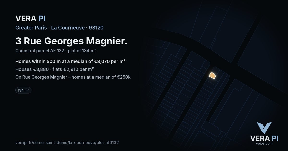 3 Rue Georges Magnier, La Courneuve at night – the plot lit, the parcels around coloured by the prices near them