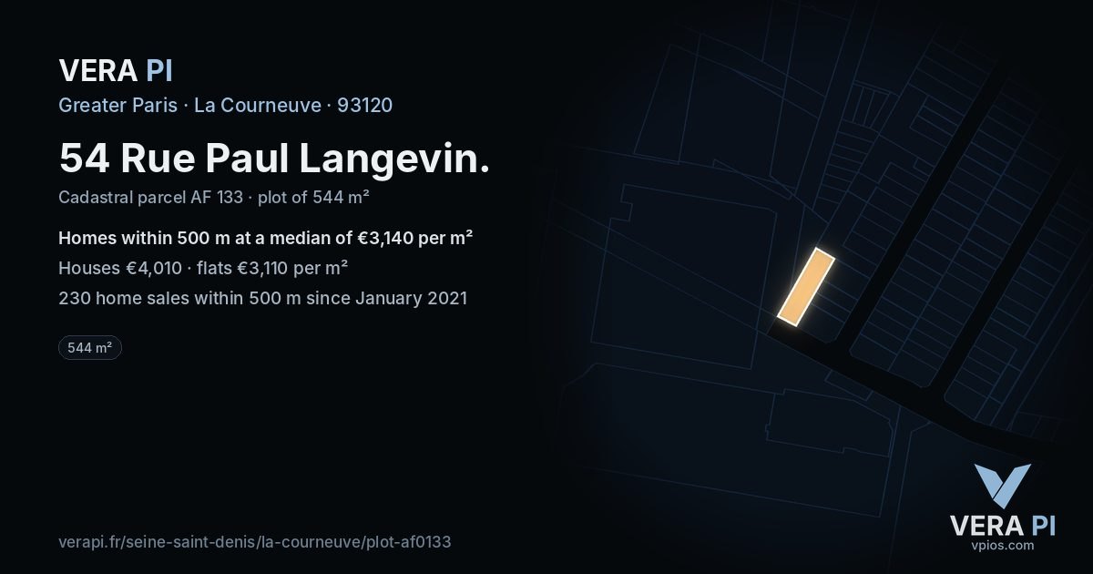 54 Rue Paul Langevin, La Courneuve at night – the plot lit, the parcels around coloured by the prices near them