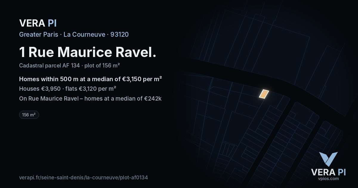 1 Rue Maurice Ravel, La Courneuve at night – the plot lit, the parcels around coloured by the prices near them