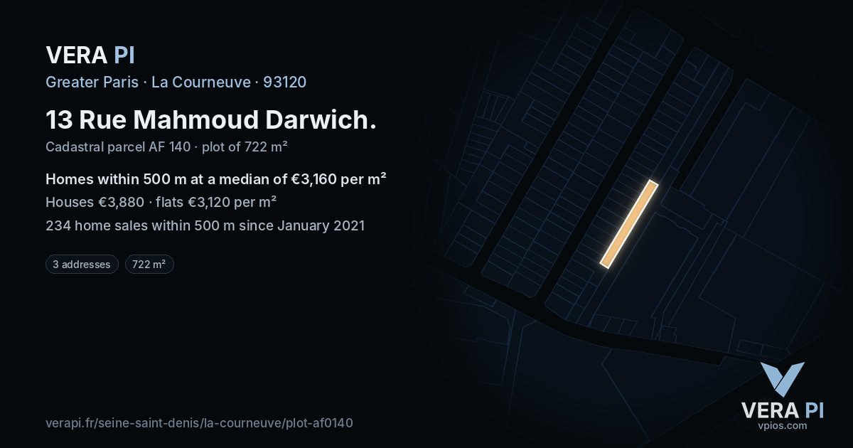 13 Rue Mahmoud Darwich, La Courneuve at night – the plot lit, the parcels around coloured by the prices near them