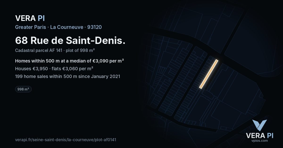 68 Rue de Saint-Denis, La Courneuve at night – the plot lit, the parcels around coloured by the prices near them