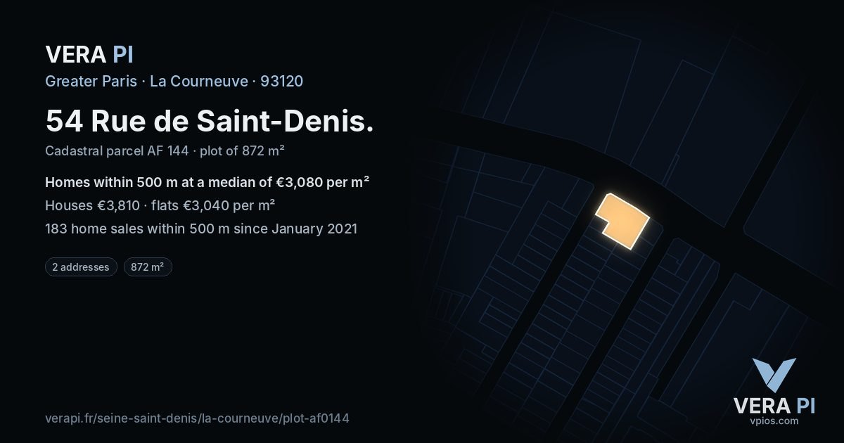 54 Rue de Saint-Denis, La Courneuve at night – the plot lit, the parcels around coloured by the prices near them